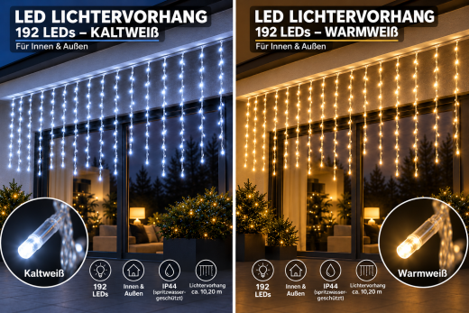 LED Lichtervorhang 192 LEDs – Weiß & Warmweiß – IP44 – Innen & Außen