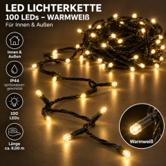 LED Lichterkette 9 m mit 100 LEDs – Warmweiß – IP44 – Innen & Außen